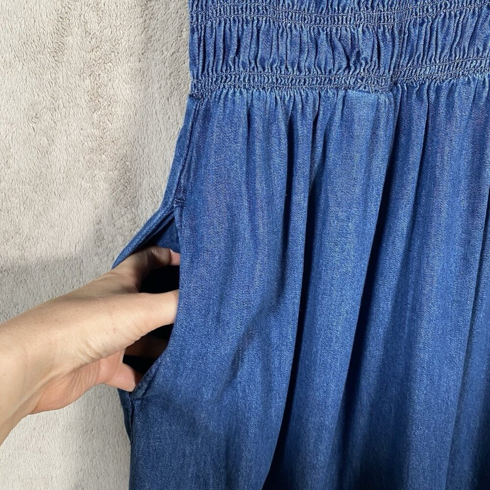 GAP 100% Organic Cotton Denim Ruffle Sleeve Smocked Midi Dress Size S Pockets - Picture 8 of 15